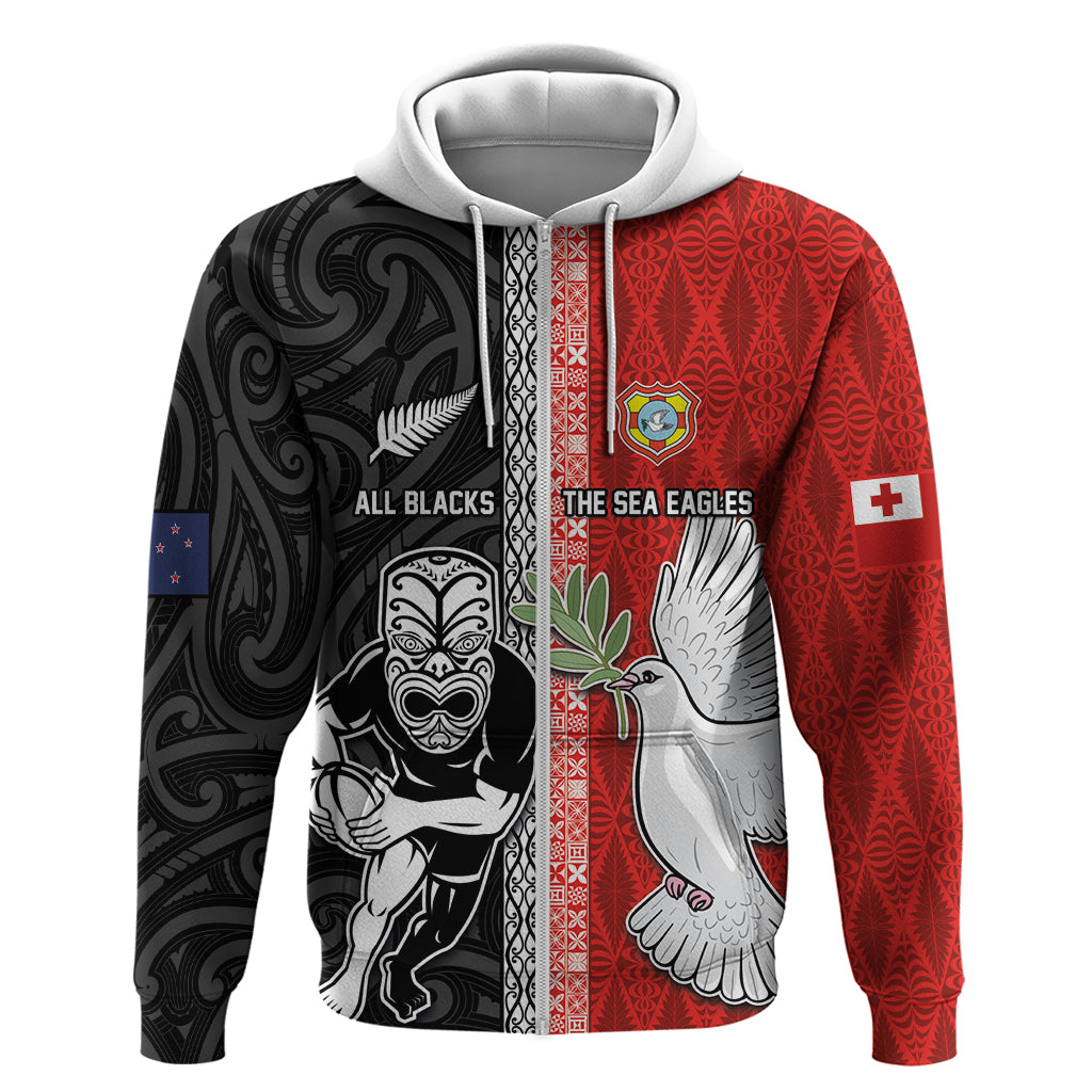Custom Tonga and New Zealand Rugby Zip Hoodie Maori Mix Ngatu Pattern LT03 Zip Hoodie Black - Polynesian Pride