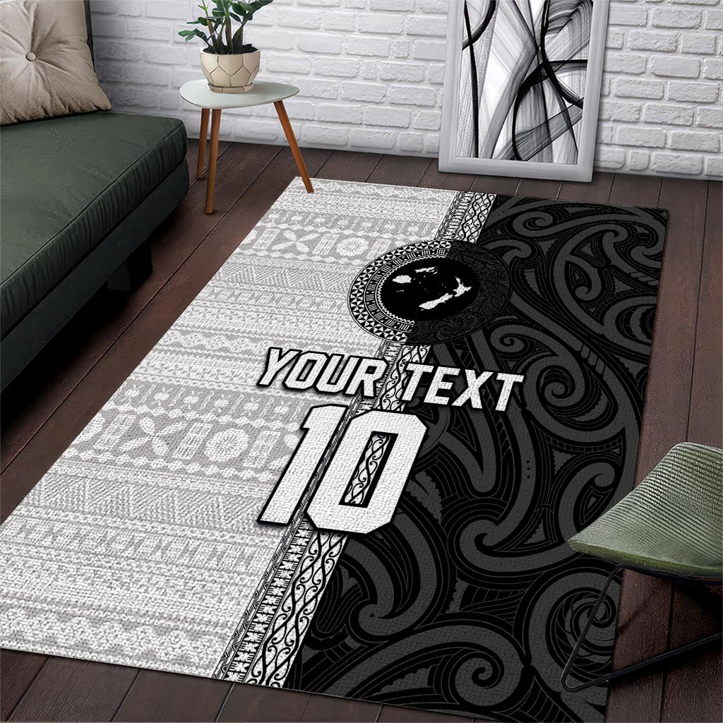 Custom Fiji and New Zealand Rugby Area Rug Tapa Mix Maori Pattern LT03 Black - Polynesian Pride