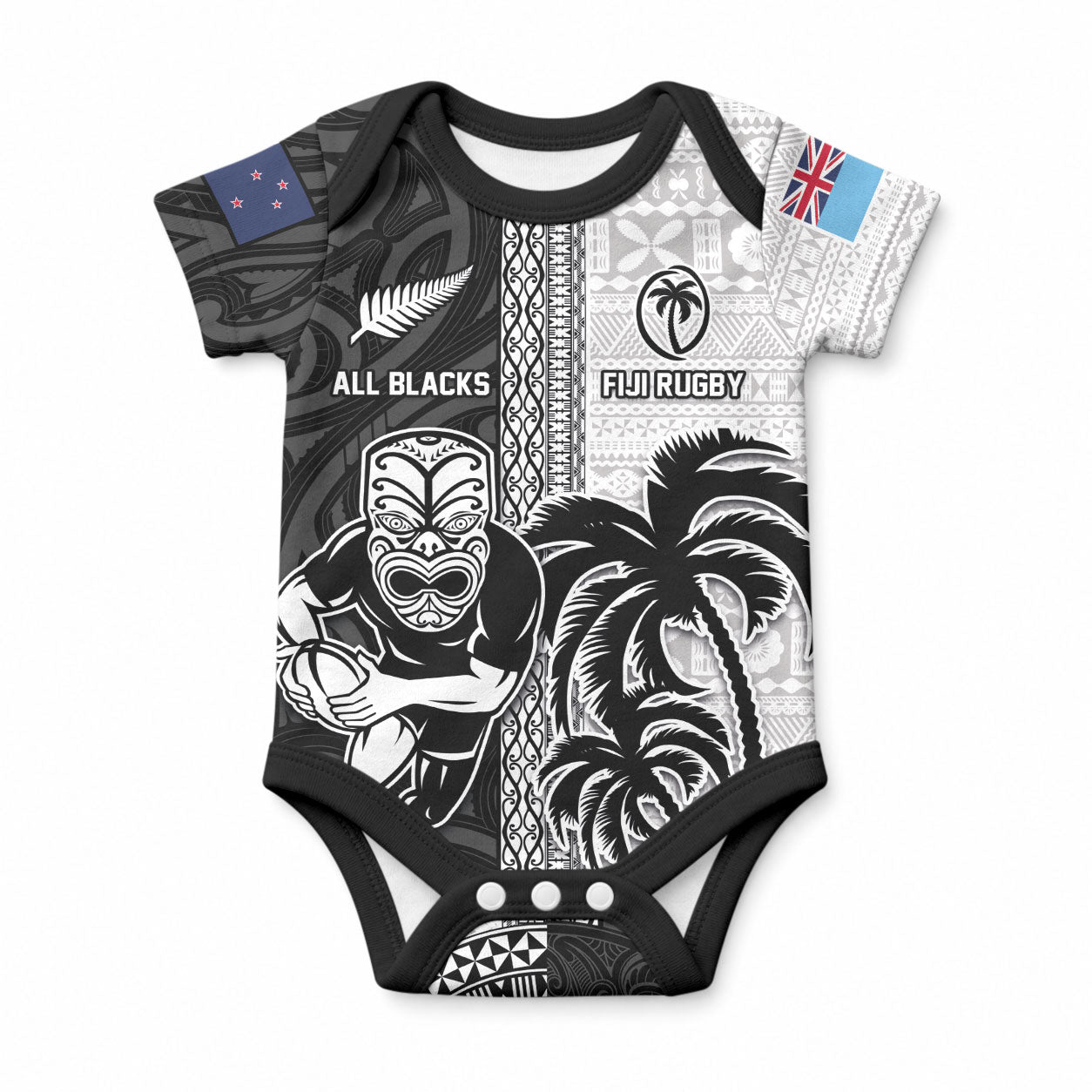 Custom Fiji and New Zealand Rugby Baby Onesie Tapa Mix Maori Pattern LT03 Black - Polynesian Pride