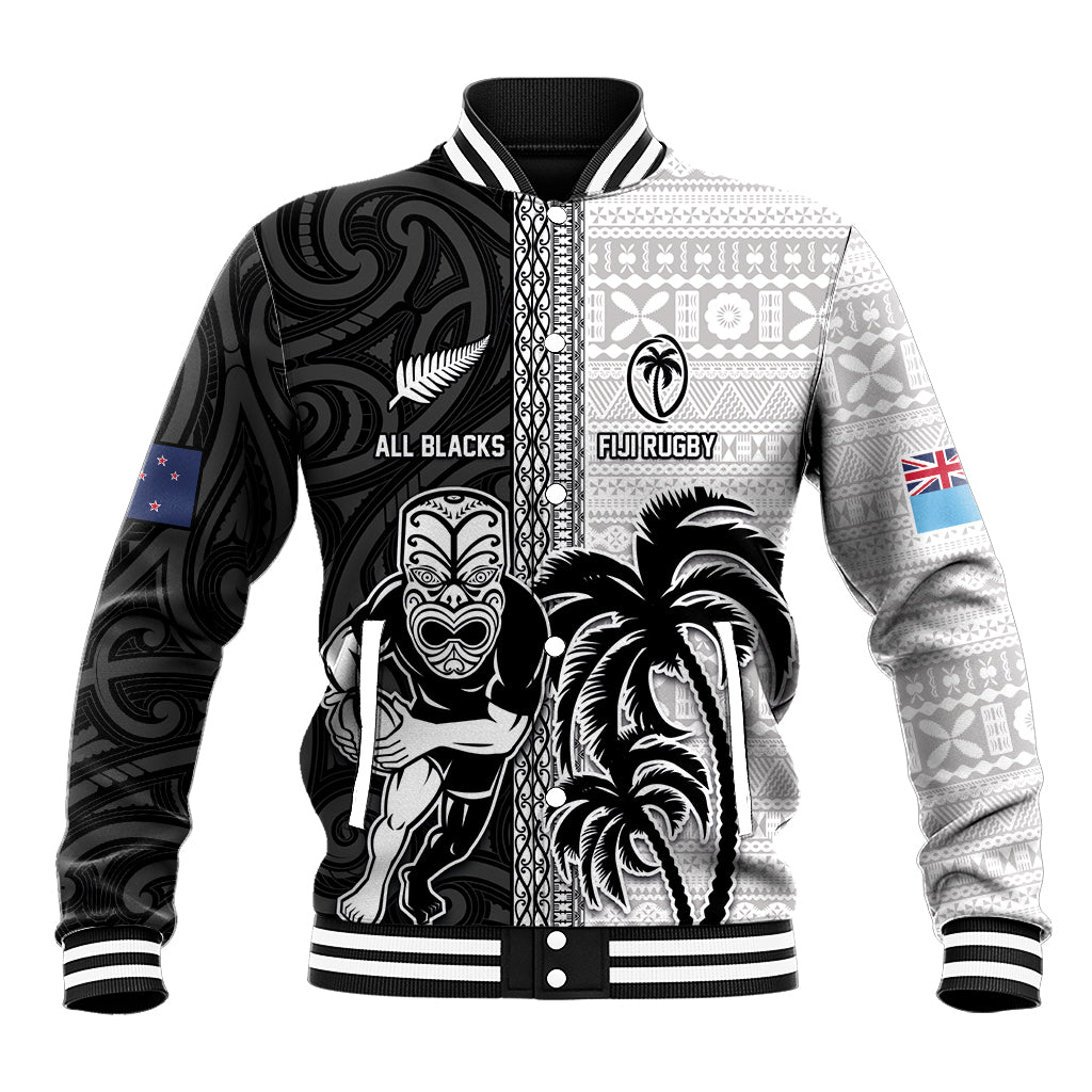 Custom Fiji and New Zealand Rugby Baseball Jacket Tapa Mix Maori Pattern LT03 Unisex Black - Polynesian Pride
