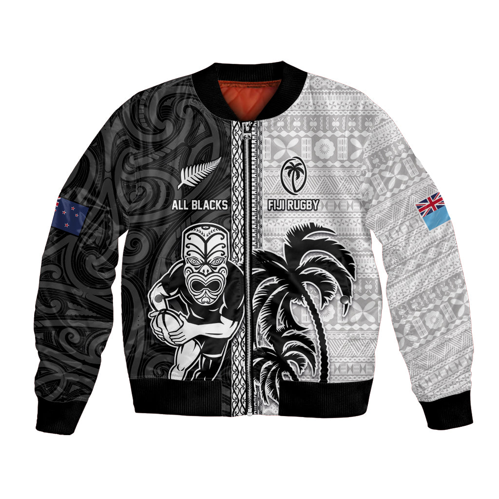 Custom Fiji and New Zealand Rugby Bomber Jacket Tapa Mix Maori Pattern LT03 Unisex Black - Polynesian Pride