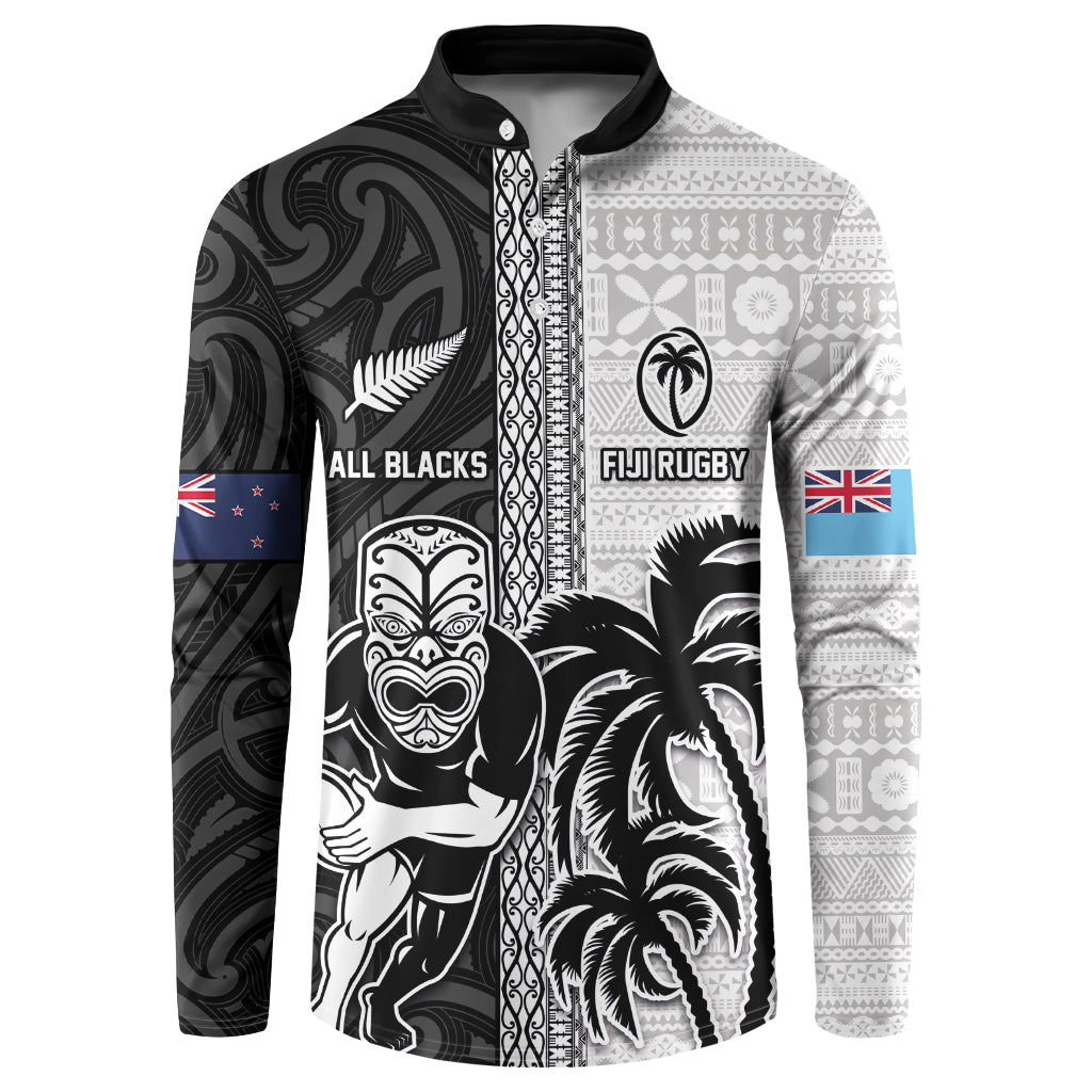 Custom Fiji and New Zealand Rugby Button Sweatshirt Tapa Mix Maori Pattern LT03 Black - Polynesian Pride