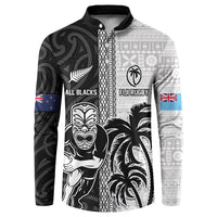 Custom Fiji and New Zealand Rugby Button Sweatshirt Tapa Mix Maori Pattern LT03 Black - Polynesian Pride