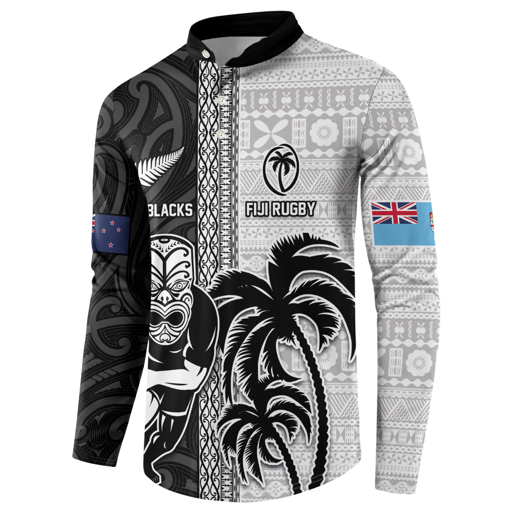 Custom Fiji and New Zealand Rugby Button Sweatshirt Tapa Mix Maori Pattern LT03 - Polynesian Pride