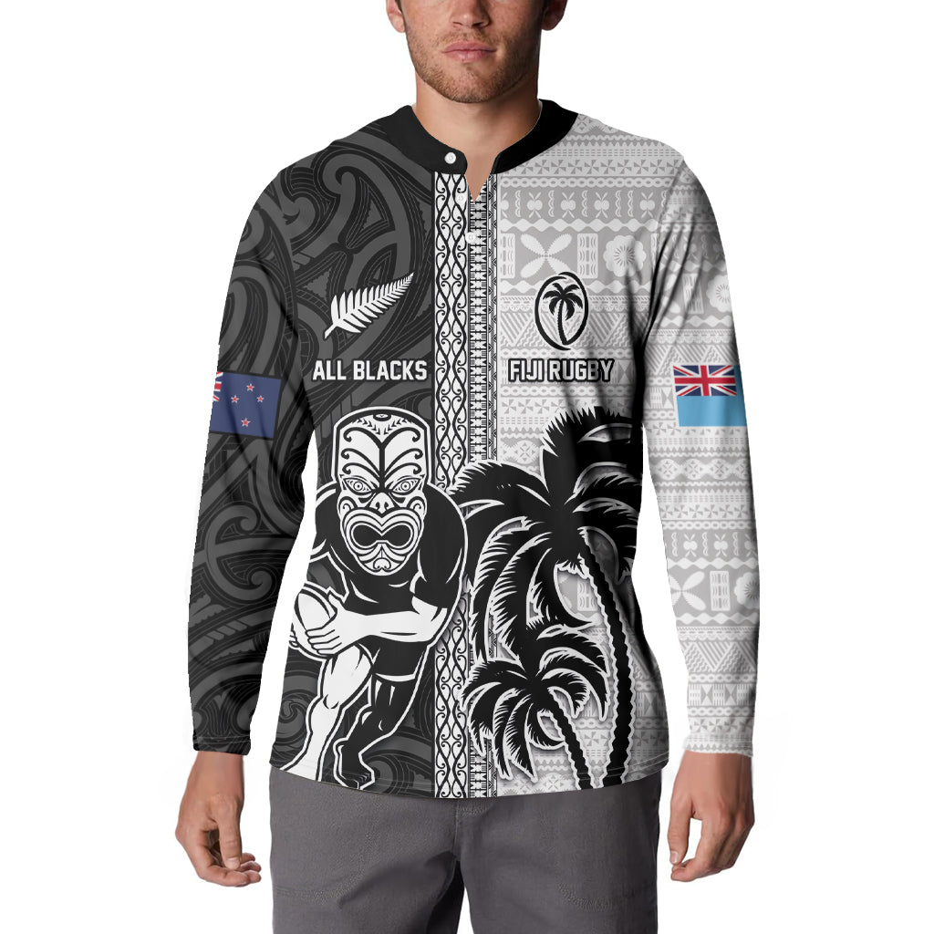 Custom Fiji and New Zealand Rugby Button Sweatshirt Tapa Mix Maori Pattern LT03 - Polynesian Pride