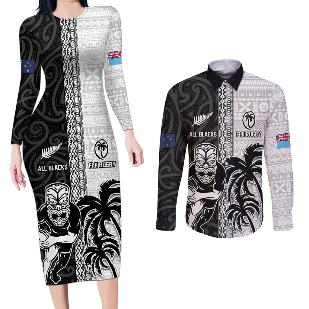 Custom Fiji and New Zealand Rugby Couples Matching Long Sleeve Bodycon Dress and Long Sleeve Button Shirt Tapa Mix Maori Pattern