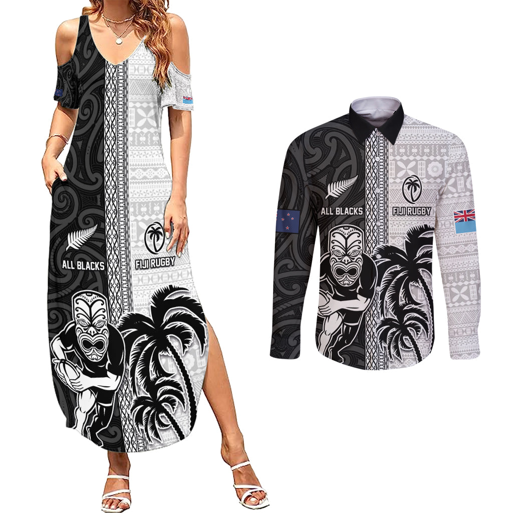 Custom Fiji and New Zealand Rugby Couples Matching Summer Maxi Dress and Long Sleeve Button Shirt Tapa Mix Maori Pattern