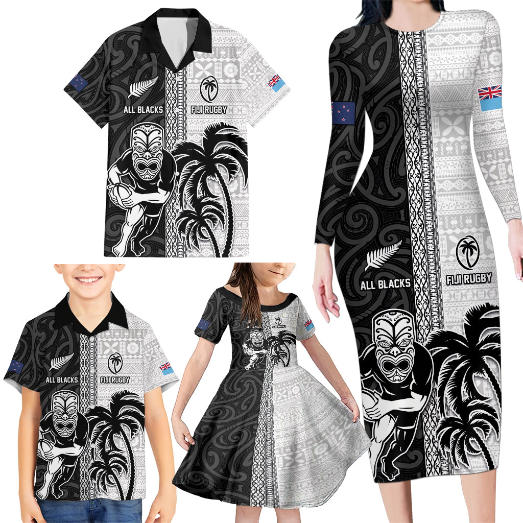 Custom Fiji and New Zealand Rugby Family Matching Long Sleeve Bodycon Dress and Hawaiian Shirt Tapa Mix Maori Pattern