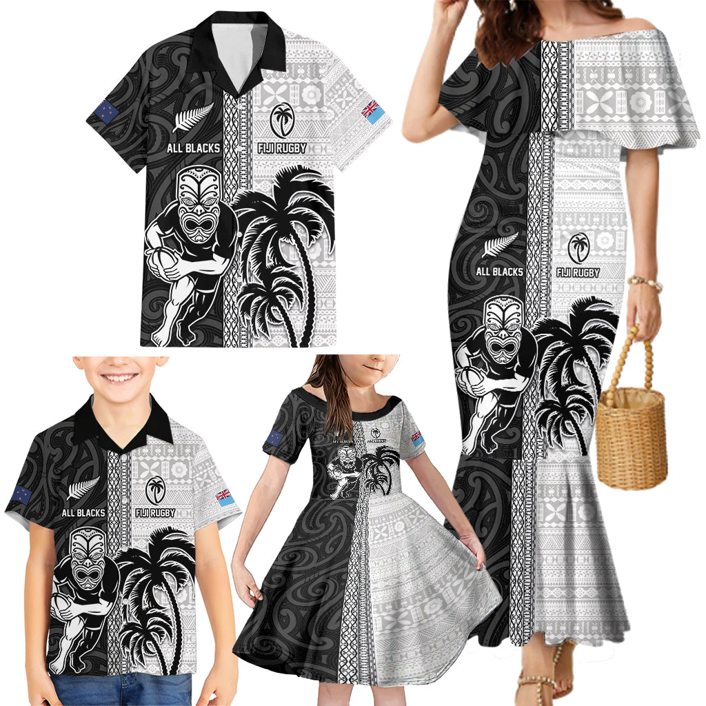 Custom Fiji and New Zealand Rugby Family Matching Mermaid Dress and Hawaiian Shirt Tapa Mix Maori Pattern