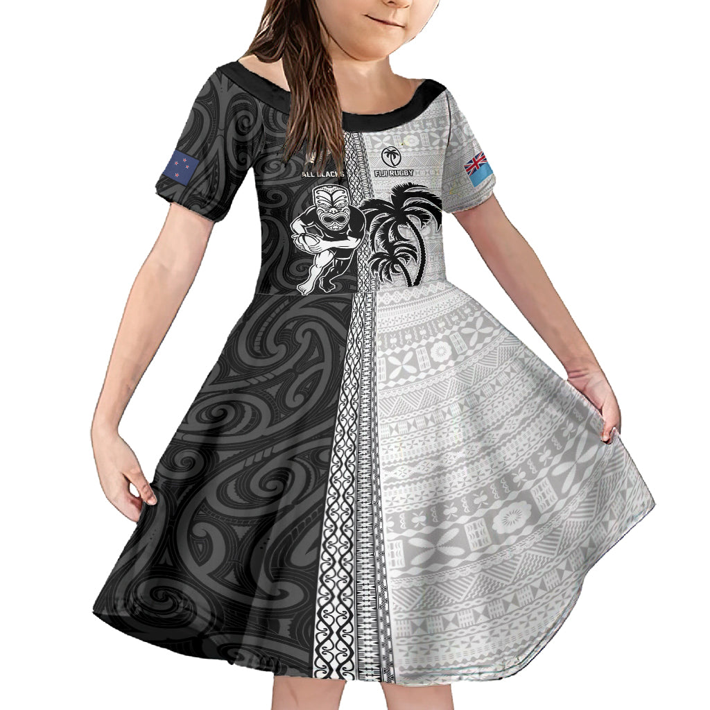 Custom Fiji and New Zealand Rugby Kid Short Sleeve Dress Tapa Mix Maori Pattern LT03 KID Black - Polynesian Pride