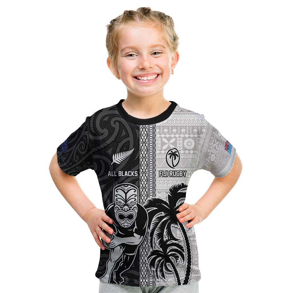 Custom Fiji and New Zealand Rugby Kid T Shirt Tapa Mix Maori Pattern LT03 Black - Polynesian Pride