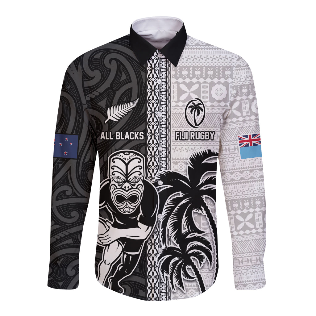 Custom Fiji and New Zealand Rugby Long Sleeve Button Shirt Tapa Mix Maori Pattern LT03 Unisex Black - Polynesian Pride