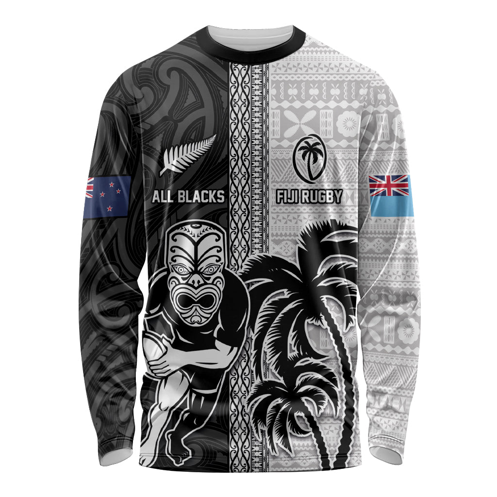 Custom Fiji and New Zealand Rugby Long Sleeve Shirt Tapa Mix Maori Pattern LT03 Unisex Black - Polynesian Pride