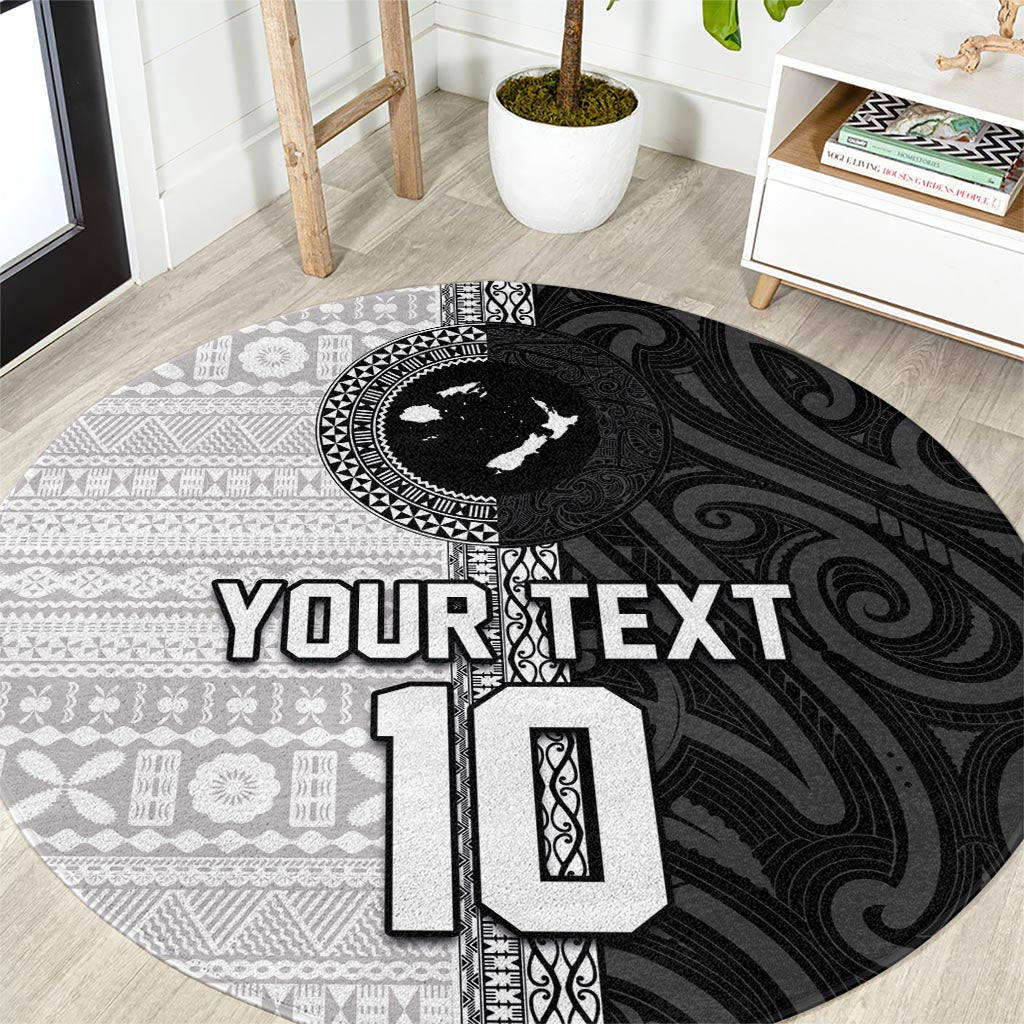 Custom Fiji and New Zealand Rugby Round Carpet Tapa Mix Maori Pattern LT03 Black - Polynesian Pride