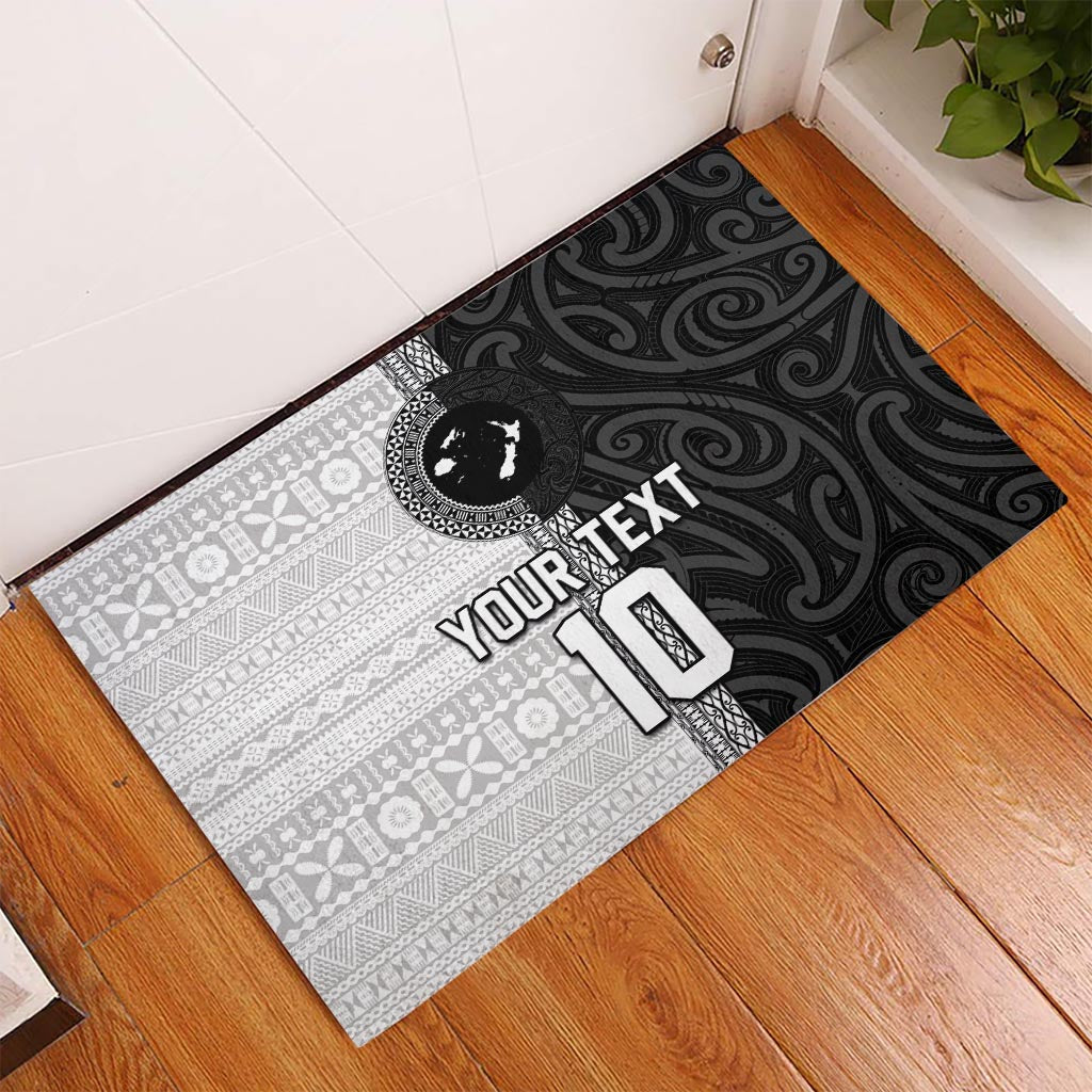 Custom Fiji and New Zealand Rugby Rubber Doormat Tapa Mix Maori Pattern LT03 Black - Polynesian Pride