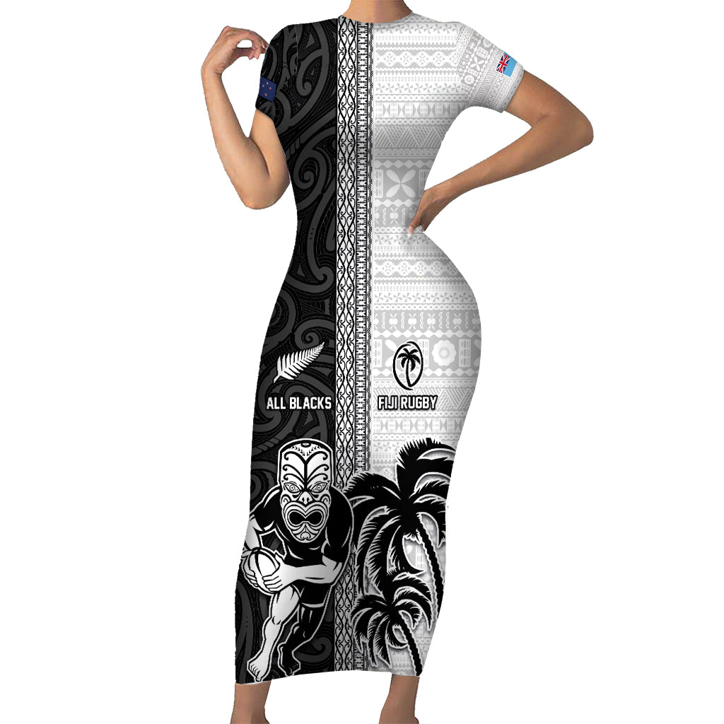 Custom Fiji and New Zealand Rugby Short Sleeve Bodycon Dress Tapa Mix Maori Pattern