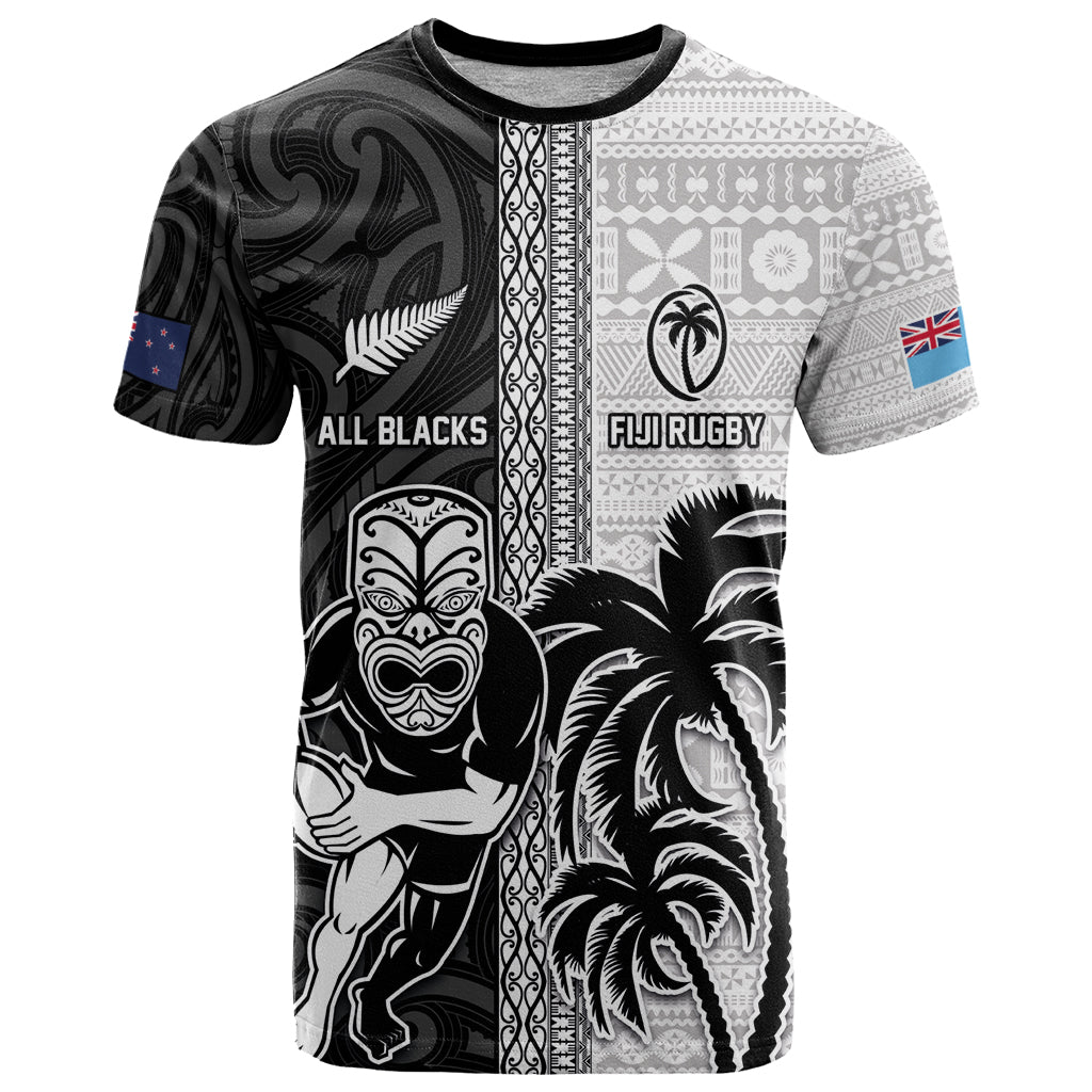 Custom Fiji and New Zealand Rugby T Shirt Tapa Mix Maori Pattern