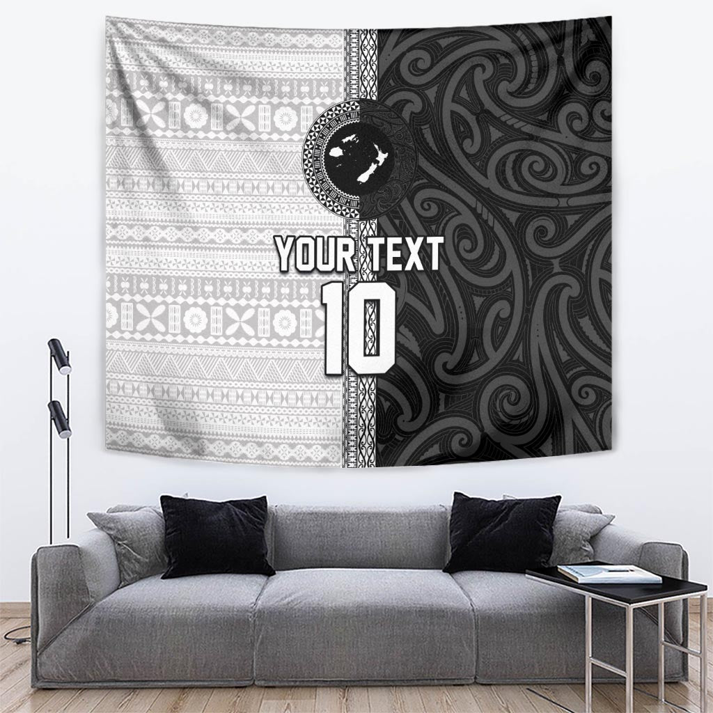 Custom Fiji and New Zealand Rugby Tapestry Tapa Mix Maori Pattern LT03 Black - Polynesian Pride