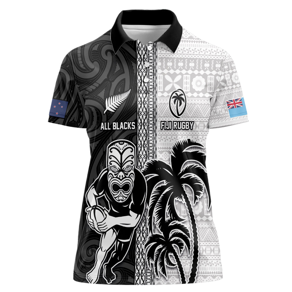 Custom Fiji and New Zealand Rugby Women Polo Shirt Tapa Mix Maori Pattern