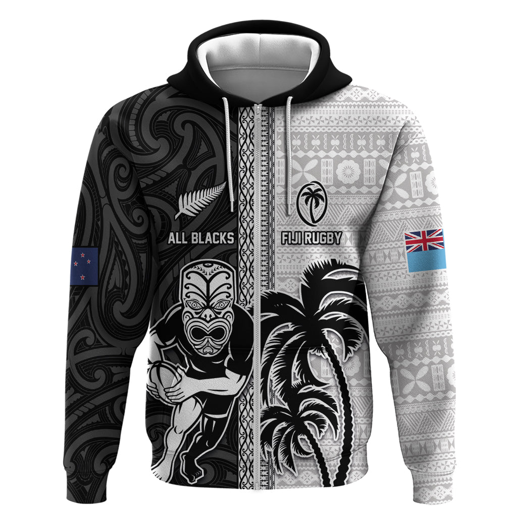 Custom Fiji and New Zealand Rugby Zip Hoodie Tapa Mix Maori Pattern LT03 Zip Hoodie Black - Polynesian Pride