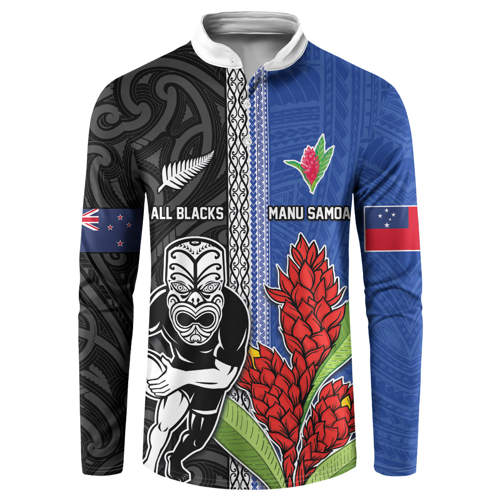 Custom Samoa and New Zealand Rugby Button Sweatshirt Teuila Samoan and Maori Warrior LT03 Black - Polynesian Pride
