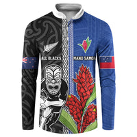 Custom Samoa and New Zealand Rugby Button Sweatshirt Teuila Samoan and Maori Warrior LT03 Black - Polynesian Pride