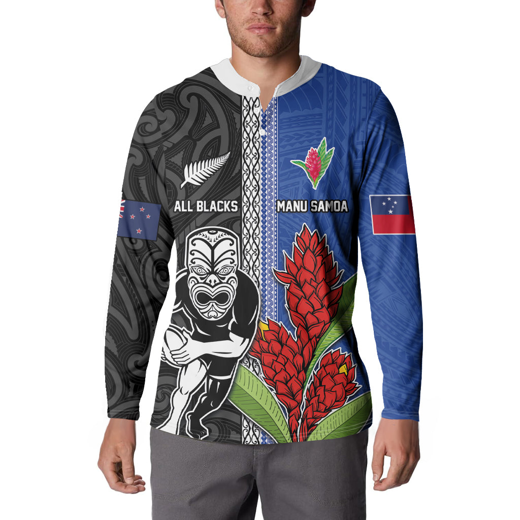 Custom Samoa and New Zealand Rugby Button Sweatshirt Teuila Samoan and Maori Warrior LT03 - Polynesian Pride