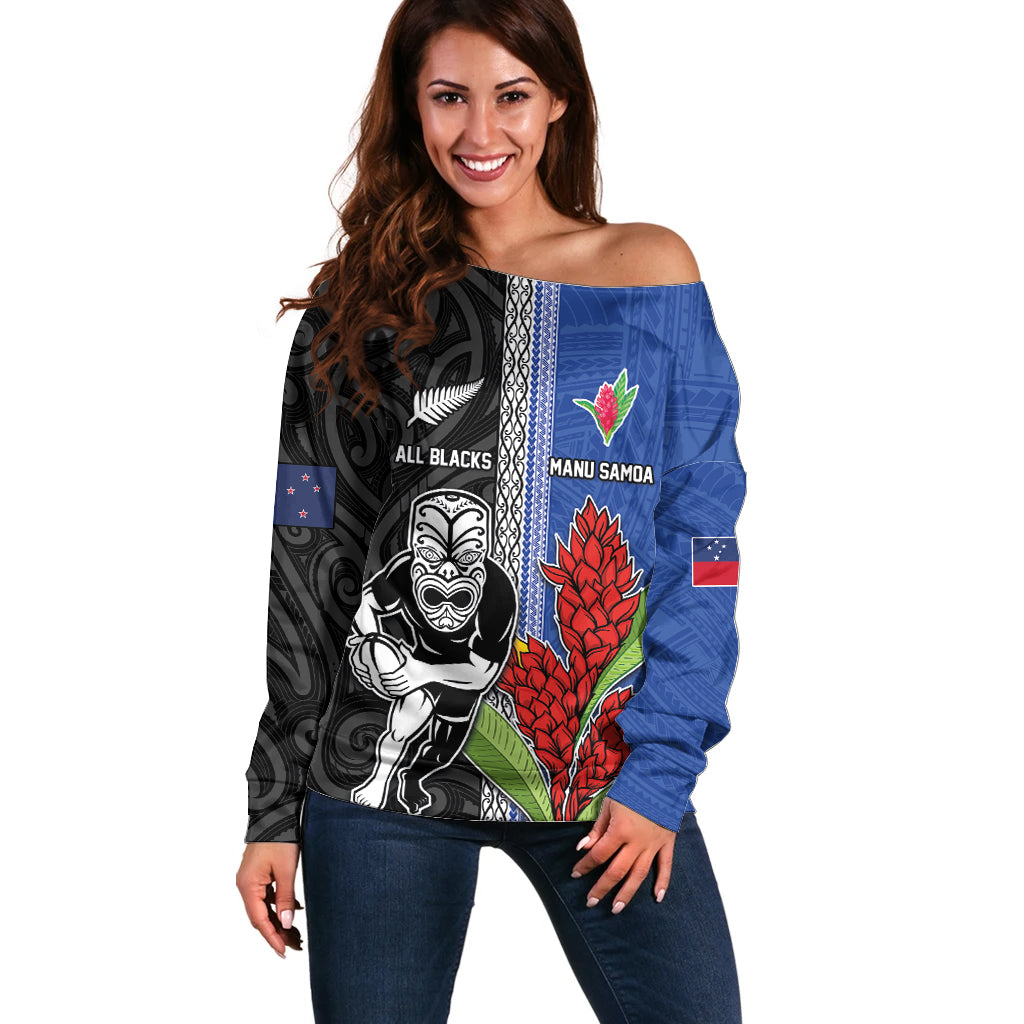 Custom Samoa and New Zealand Rugby Off Shoulder Sweater Teuila Samoan and Maori Warrior LT03 Women Black - Polynesian Pride