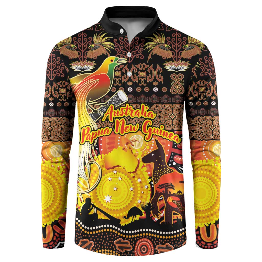Personalized Australia and Papua New Guinea Together Button Sweatshirt Kangaroo Aboriginal Art and Bird-of-paradise Oro Tribal Motifs LT03 Black - Polynesian Pride