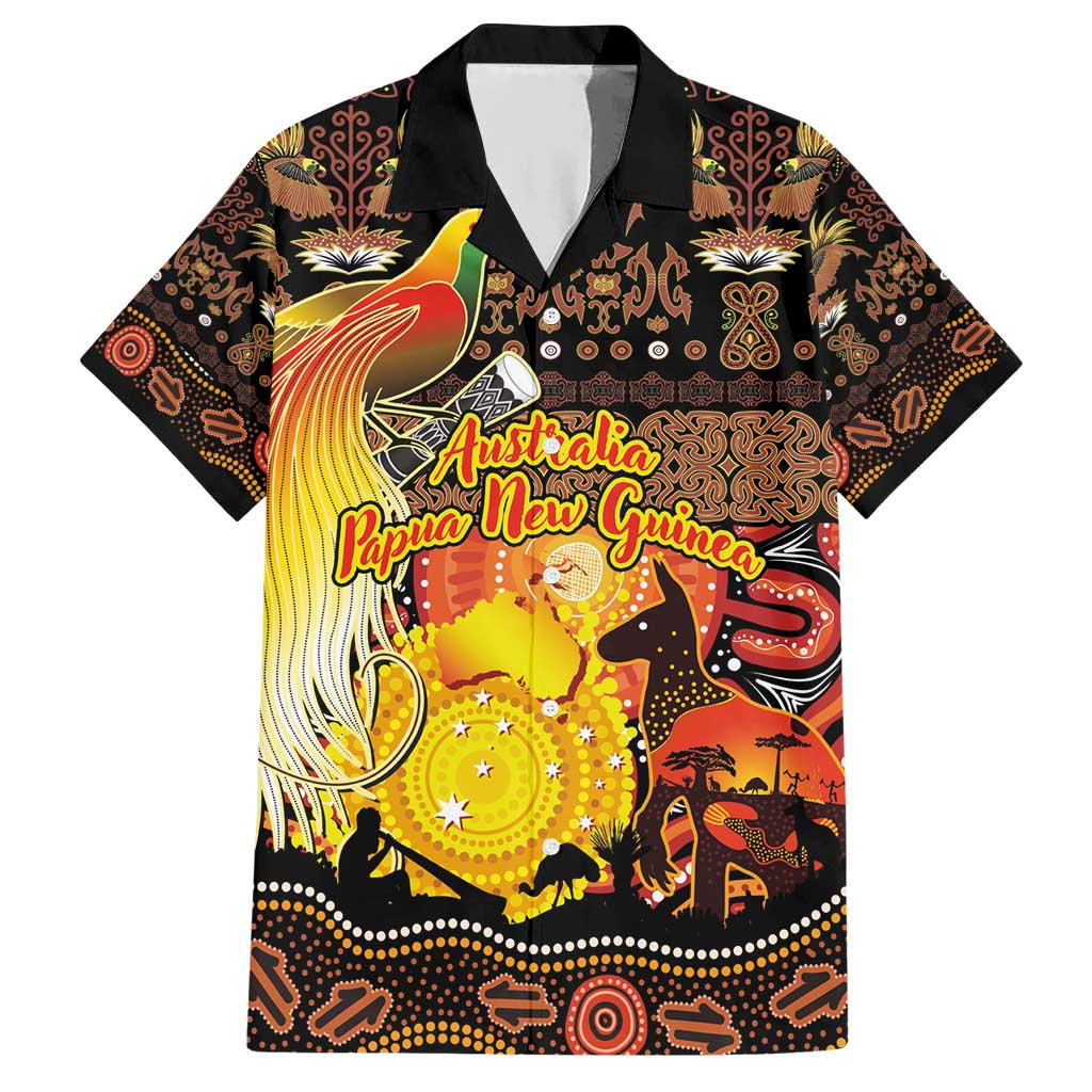Personalized Australia and Papua New Guinea Together Hawaiian Shirt Kangaroo Aboriginal Art and Bird-of-paradise Oro Tribal Motifs LT03 Black - Polynesian Pride
