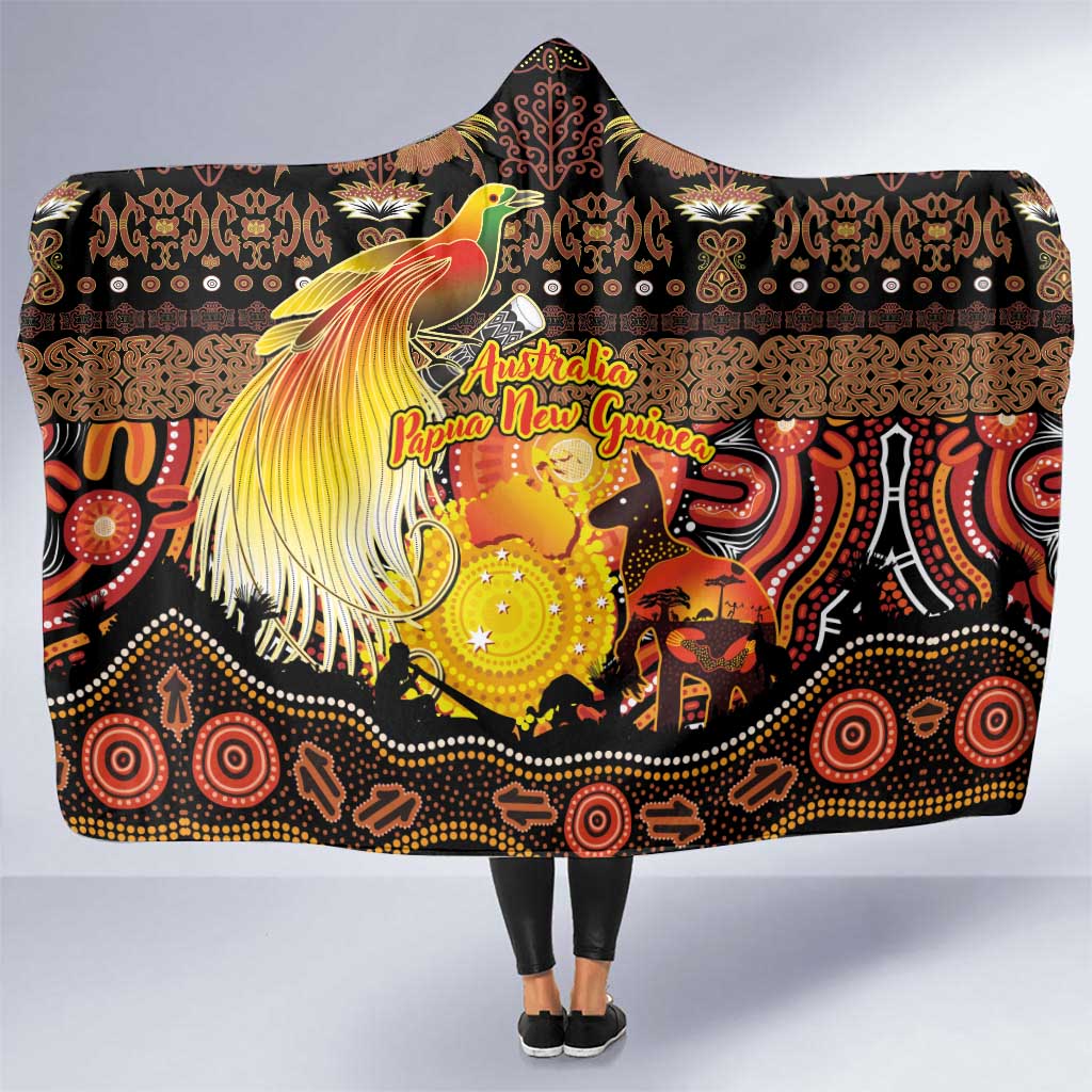 Australia and Papua New Guinea Together Hooded Blanket Kangaroo Aboriginal Art and Bird-of-paradise Oro Tribal Motifs LT03 One Size Black - Polynesian Pride