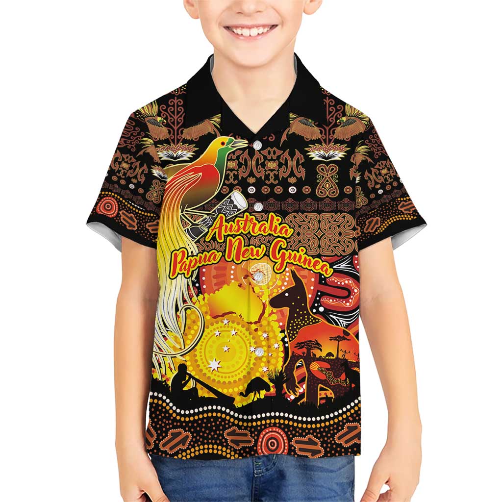 Personalized Australia and Papua New Guinea Together Kid Hawaiian Shirt Kangaroo Aboriginal Art and Bird-of-paradise Oro Tribal Motifs LT03 Kid Black - Polynesian Pride