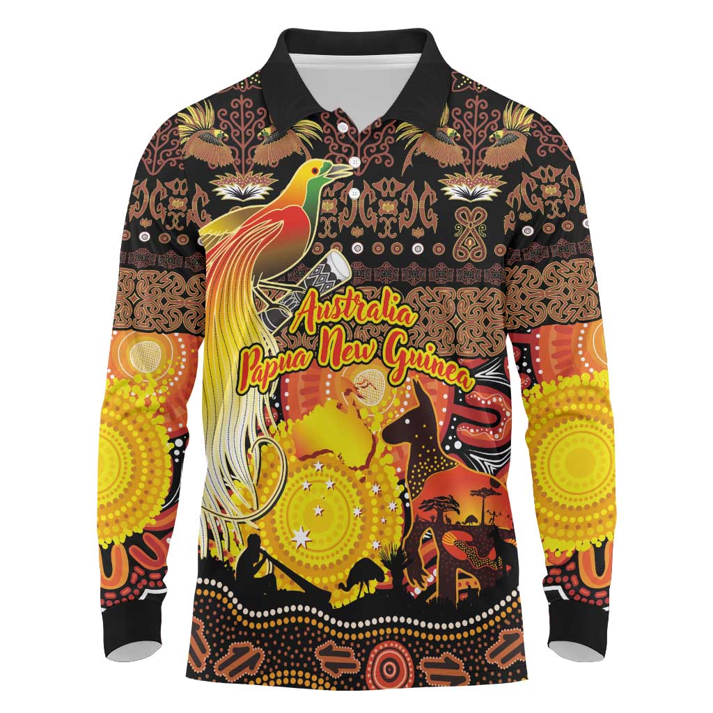 Personalized Australia and Papua New Guinea Together Long Sleeve Polo Shirt Kangaroo Aboriginal Art and Bird-of-paradise Oro Tribal Motifs LT03 Black - Polynesian Pride