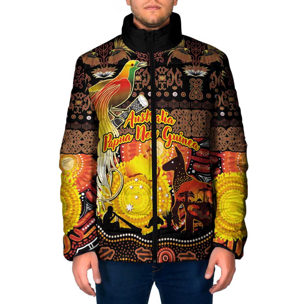Personalized Australia and Papua New Guinea Together Padded Jacket Kangaroo Aboriginal Art and Bird-of-paradise Oro Tribal Motifs LT03 Men Black - Polynesian Pride