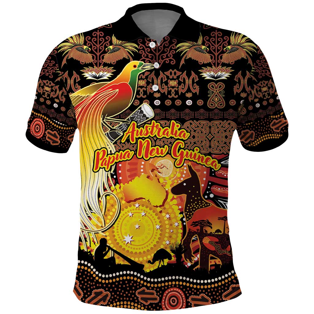 Personalized Australia and Papua New Guinea Together Polo Shirt Kangaroo Aboriginal Art and Bird-of-paradise Oro Tribal Motifs LT03 Black - Polynesian Pride