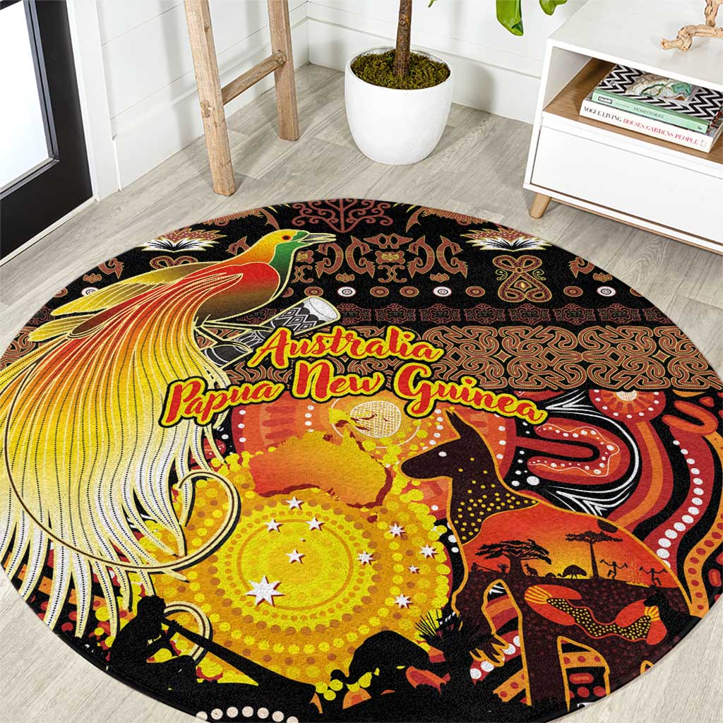 Australia and Papua New Guinea Together Round Carpet Kangaroo Aboriginal Art and Bird-of-paradise Oro Tribal Motifs LT03 Black - Polynesian Pride