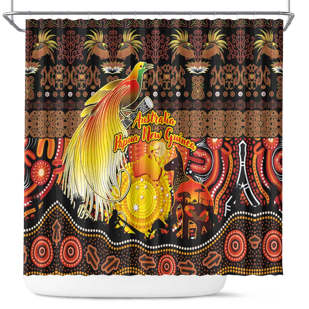 Australia and Papua New Guinea Together Shower Curtain Kangaroo Aboriginal Art and Bird-of-paradise Oro Tribal Motifs LT03 Black - Polynesian Pride