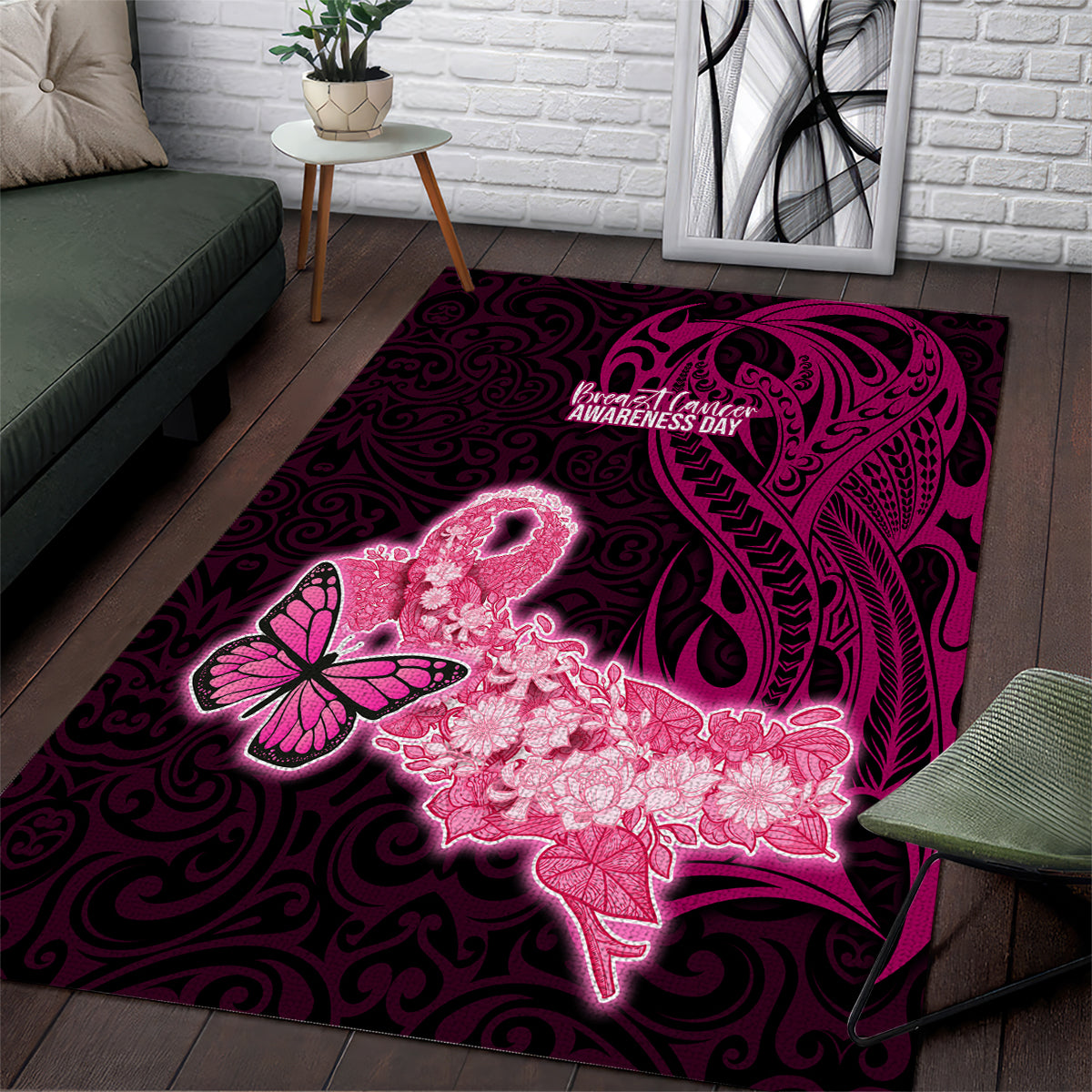 Polynesia Breast Cancer Area Rug Butterfly and Flowers Ribbon Maori Tattoo Ethnic Black Style LT03 Black - Polynesian Pride