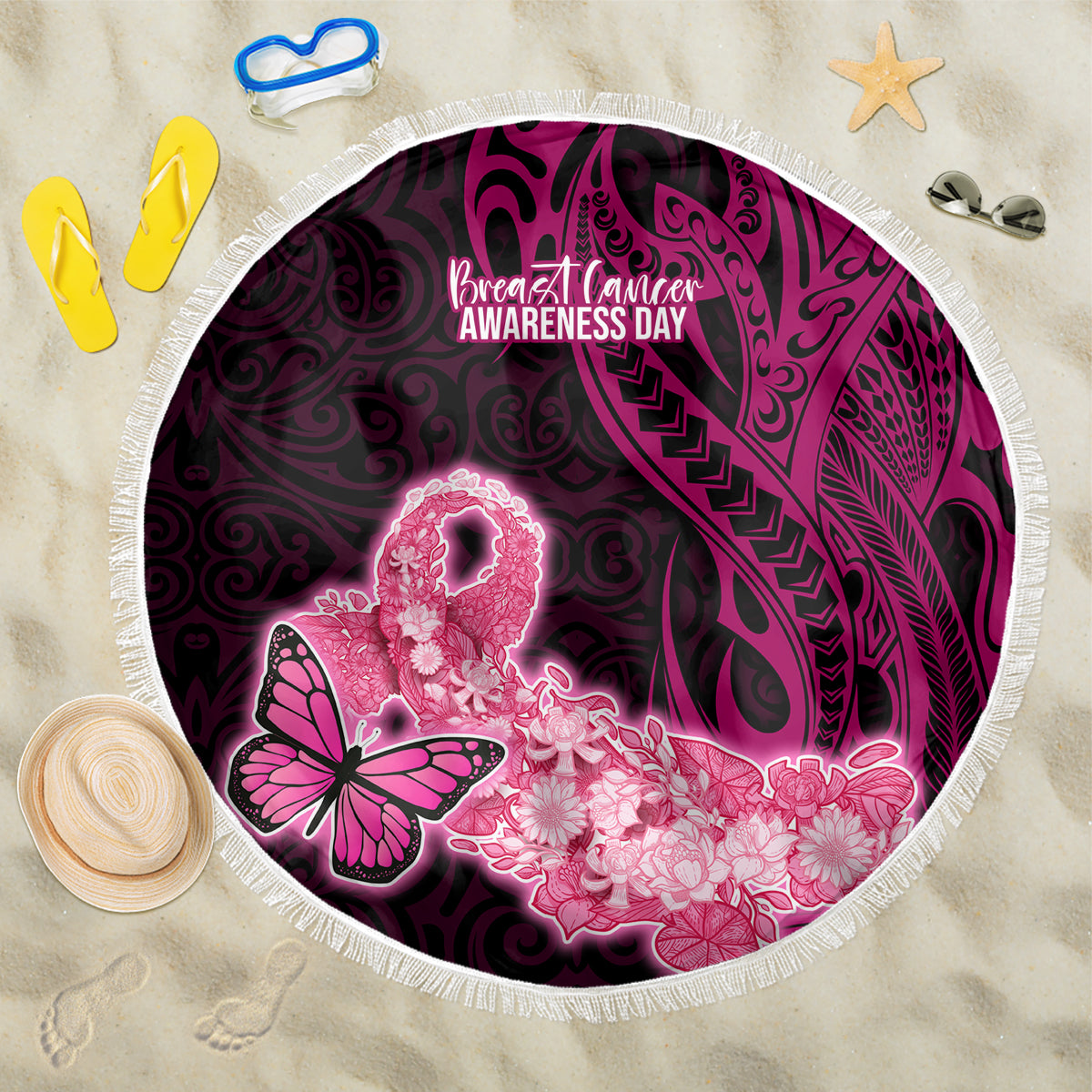 Polynesia Breast Cancer Beach Blanket Butterfly and Flowers Ribbon Maori Tattoo Ethnic Black Style LT03 One Size 150cm Black - Wonder Print Shop