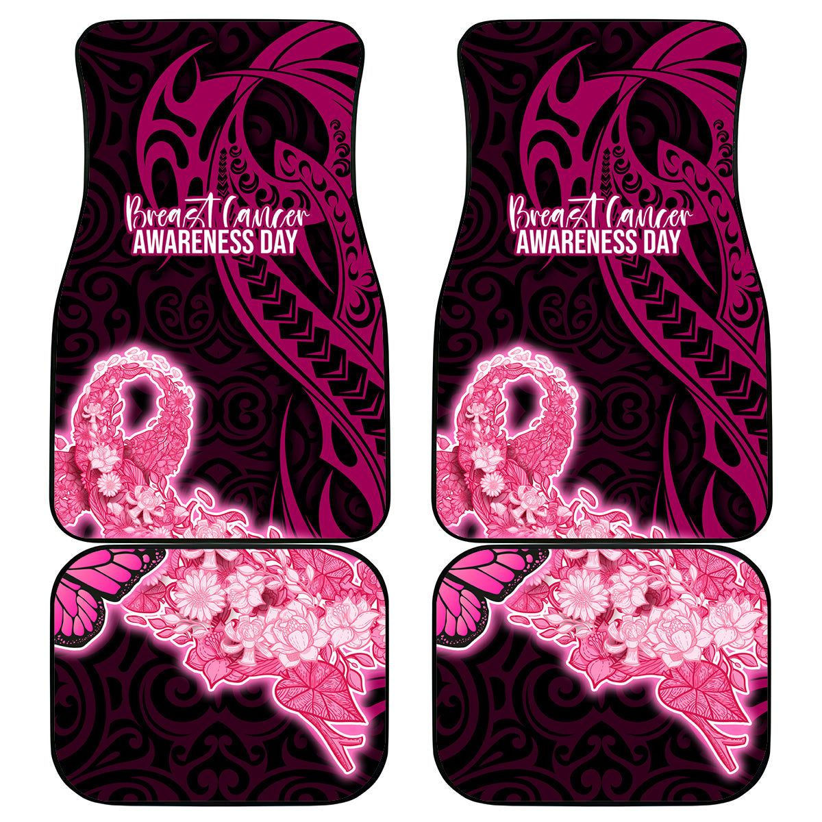 Polynesia Breast Cancer Car Mats Butterfly and Flowers Ribbon Maori Tattoo Ethnic Black Style LT03 Black - Polynesian Pride