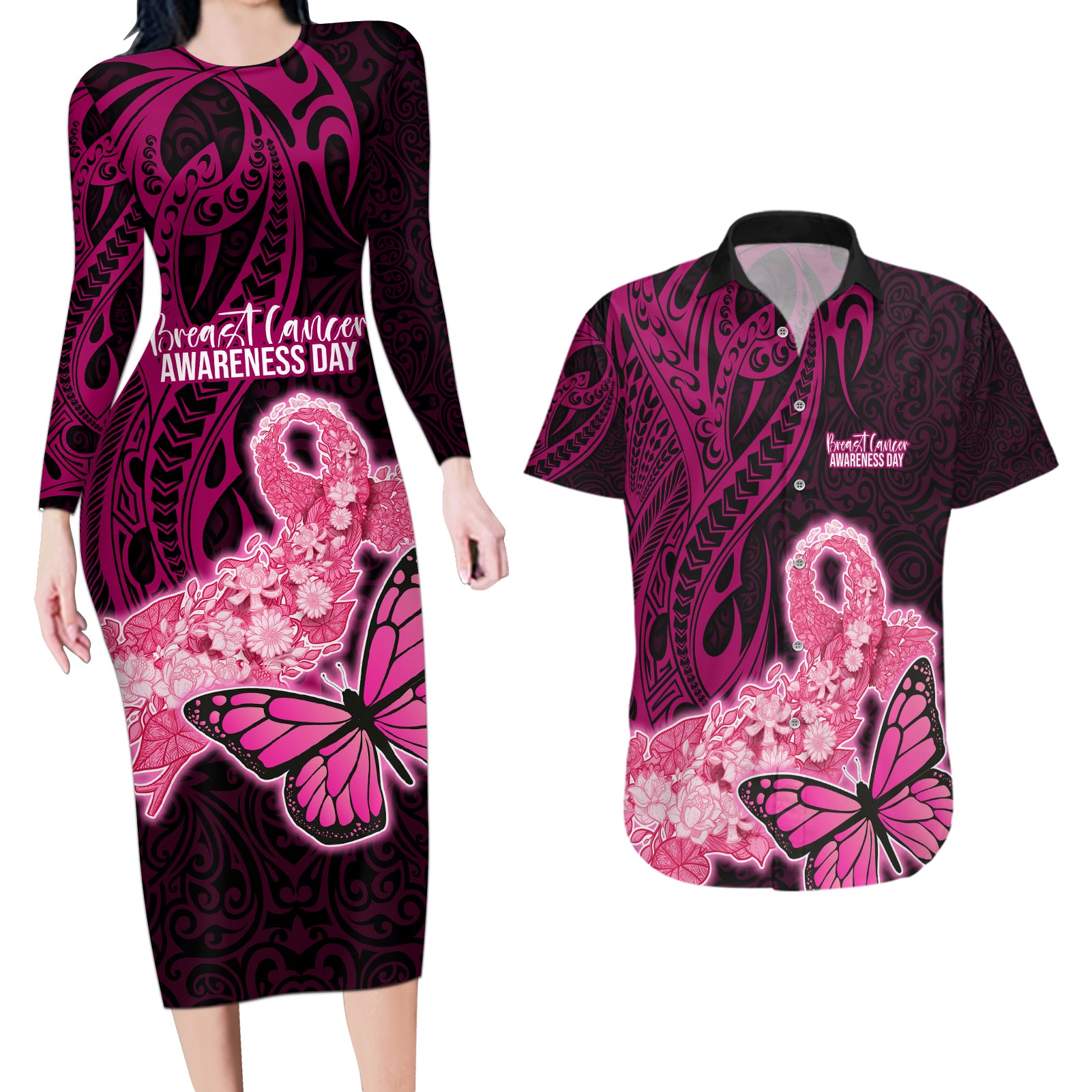 Polynesia Breast Cancer Couples Matching Long Sleeve Bodycon Dress and Hawaiian Shirt Butterfly and Flowers Ribbon Maori Tattoo Ethnic Black Style LT03 Black - Polynesian Pride