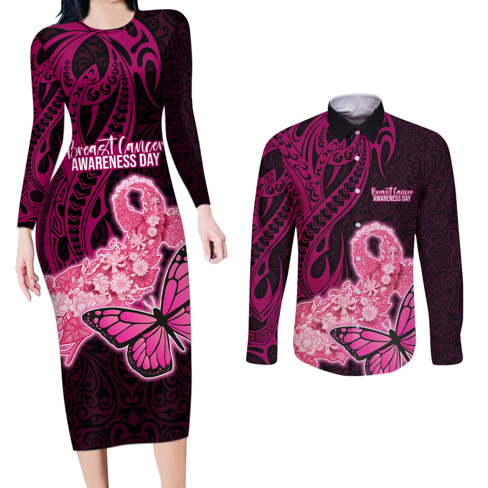 Polynesia Breast Cancer Couples Matching Long Sleeve Bodycon Dress and Long Sleeve Button Shirts Butterfly and Flowers Ribbon Maori Tattoo Ethnic Black Style LT03 Black - Polynesian Pride