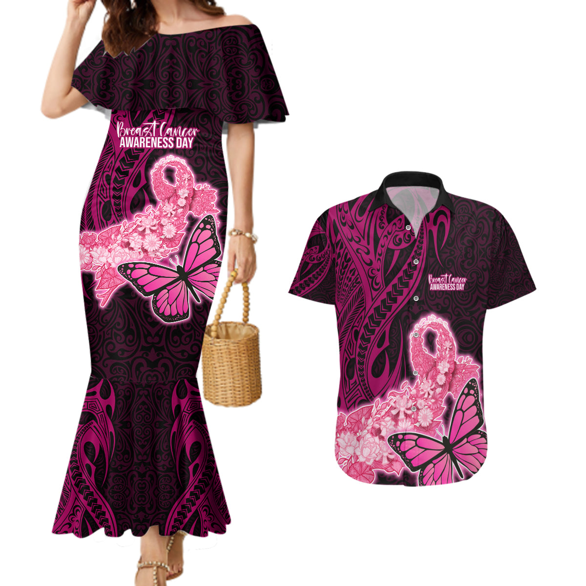 Polynesia Breast Cancer Couples Matching Mermaid Dress and Hawaiian Shirt Butterfly and Flowers Ribbon Maori Tattoo Ethnic Black Style LT03 Black - Polynesian Pride