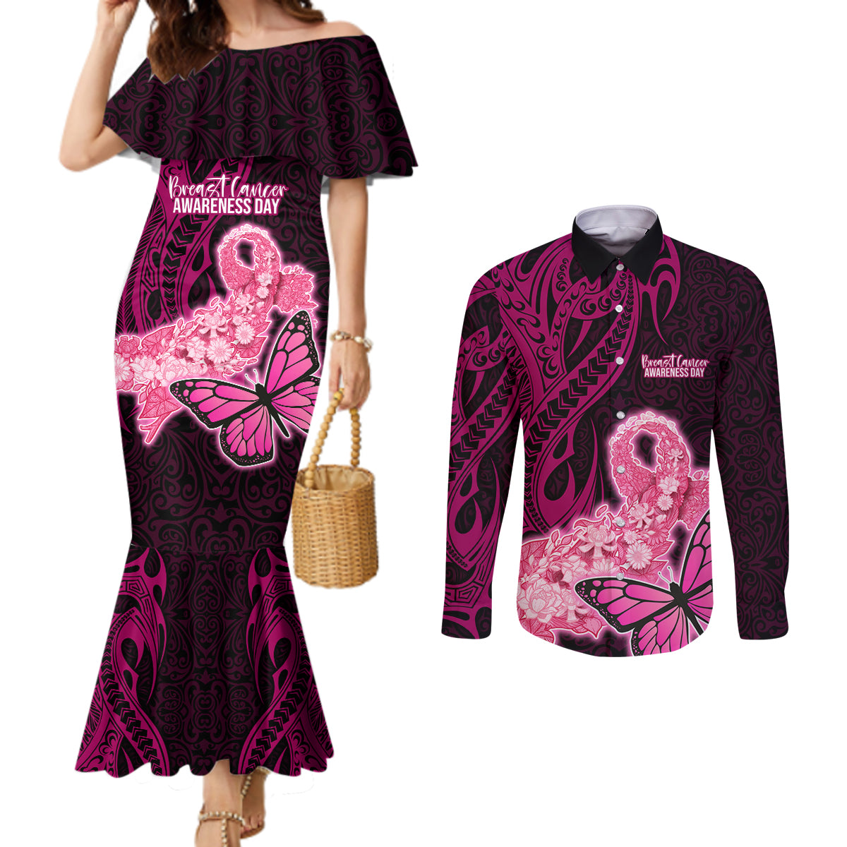 Polynesia Breast Cancer Couples Matching Mermaid Dress and Long Sleeve Button Shirts Butterfly and Flowers Ribbon Maori Tattoo Ethnic Black Style LT03 Black - Polynesian Pride