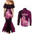 Polynesia Breast Cancer Couples Matching Mermaid Dress and Long Sleeve Button Shirts Butterfly and Flowers Ribbon Maori Tattoo Ethnic Black Style LT03 - Polynesian Pride