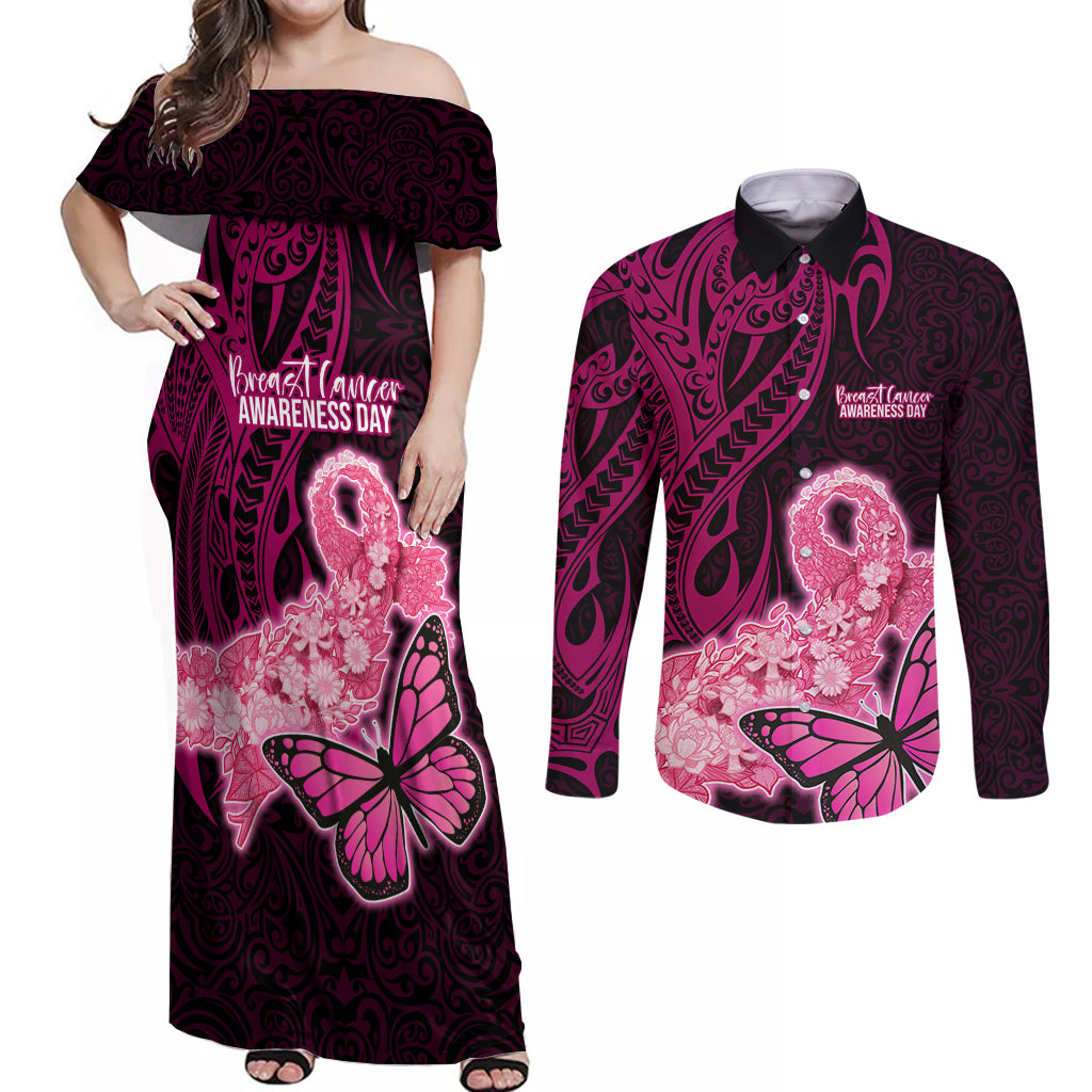 Polynesia Breast Cancer Couples Matching Off Shoulder Maxi Dress and Long Sleeve Button Shirts Butterfly and Flowers Ribbon Maori Tattoo Ethnic Black Style LT03 Black - Polynesian Pride