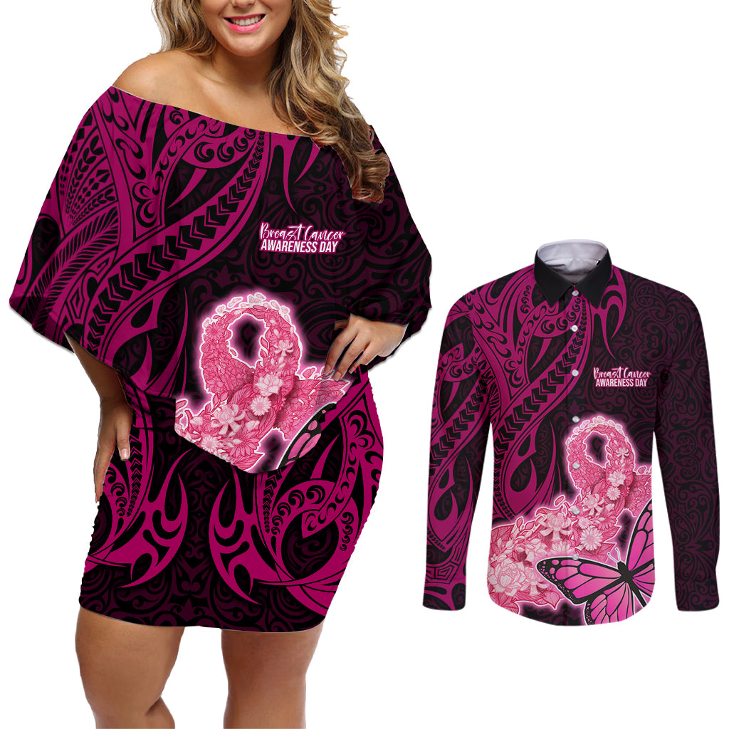 Polynesia Breast Cancer Couples Matching Off Shoulder Short Dress and Long Sleeve Button Shirts Butterfly and Flowers Ribbon Maori Tattoo Ethnic Black Style LT03 Black - Polynesian Pride