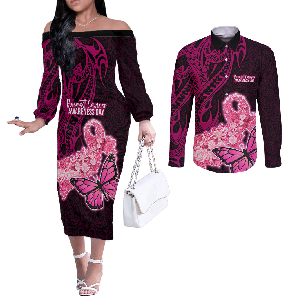 Polynesia Breast Cancer Couples Matching Off The Shoulder Long Sleeve Dress and Long Sleeve Button Shirts Butterfly and Flowers Ribbon Maori Tattoo Ethnic Black Style LT03 Black - Polynesian Pride