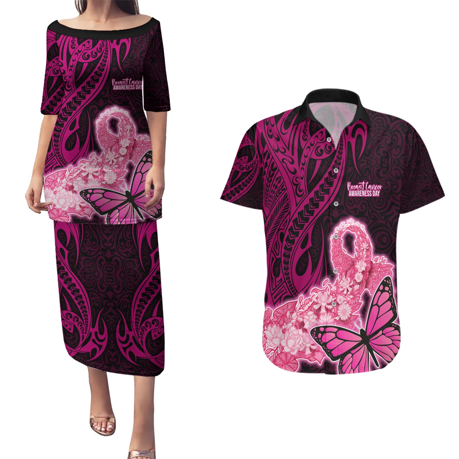 Polynesia Breast Cancer Couples Matching Puletasi Dress and Hawaiian Shirt Butterfly and Flowers Ribbon Maori Tattoo Ethnic Black Style LT03 Black - Polynesian Pride