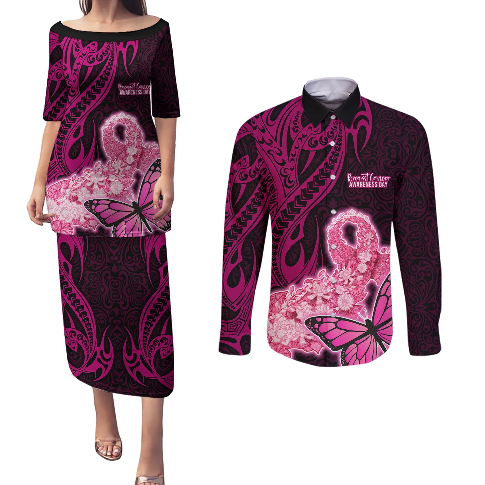 Polynesia Breast Cancer Couples Matching Puletasi Dress and Long Sleeve Button Shirts Butterfly and Flowers Ribbon Maori Tattoo Ethnic Black Style LT03 Black - Polynesian Pride